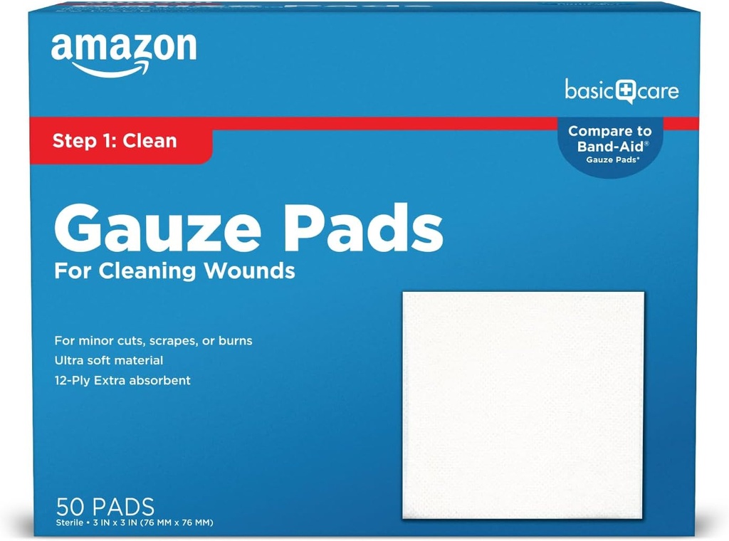 Paletas de cuidado básico, 3x3 pulgadas Sterile Medical Wound Dressing Esponjas para la limpieza, cobertura, " Cuchadas " Lesiones menores, 50 Cuenta (Pack of 1), (Previously All Health)