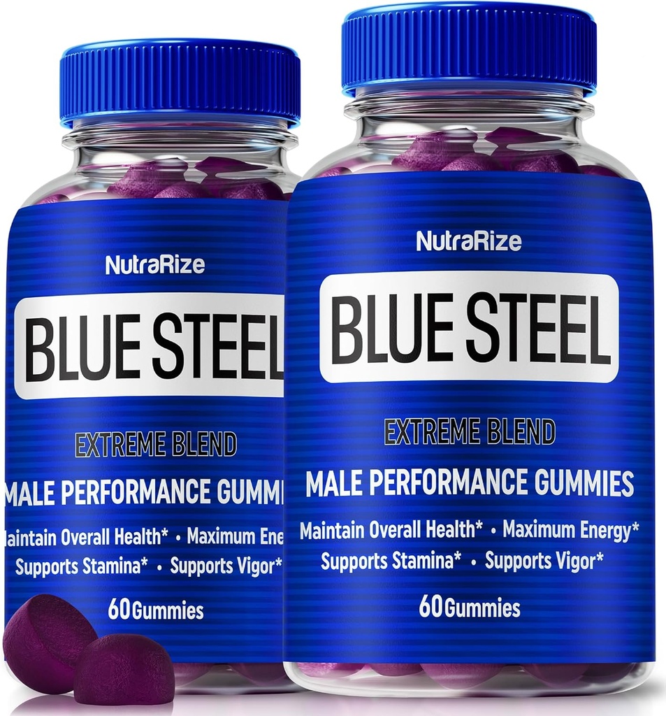 (2 Pack) Mangas de acero azul para hombres, Nutrición diaria para aumentar la confianza y la salud general, todo el suplemento natural para apoyar el rendimiento del pico, Gummy oficial masculino, BlueSteel Reseñas (120 Gummies)