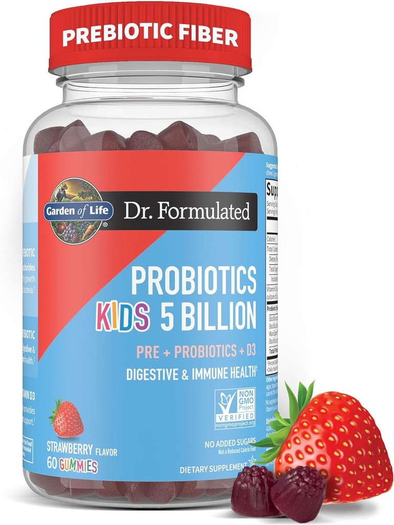 Jardín de la vida Dr Fórmula 5 billón CFU Prebiótico Fibra, Probiótico y Vitamina D3 Gummies para niños Digestivo &amp; Inmune Salud – Gluten Libre, No GMO, No Añadido Azúcares, Sabor de Fresa, 60 Gummies