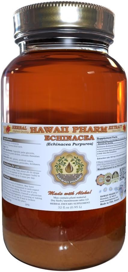 Hawaii Pharm Echinacea Liquid Extract, Organic Echinacea (Echinacea Purpurea) Tincture Suplemento 32 oz Unfiltered
