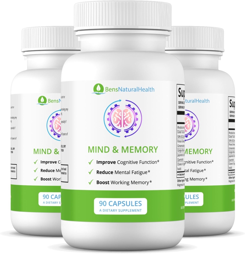 Ben's Natural Health Mind & Memory Supplement, Nootropic Brain Support with Rhodiola, Green Tea, Cloves " Quercetin, 90 Capsules, 3 Pack