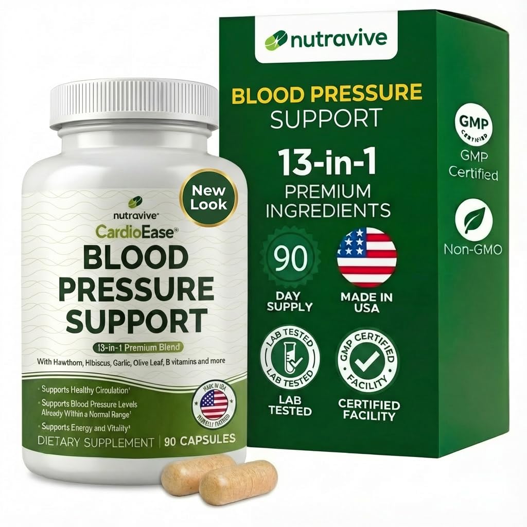 Nutravive Blood Pressure Support Supplement – Natural Heart " Circulation Support with Hawthorn, Garlic, Olive Leaf, Hibiscus " B12 – USA Made, GMP Facility - 90 Capsules