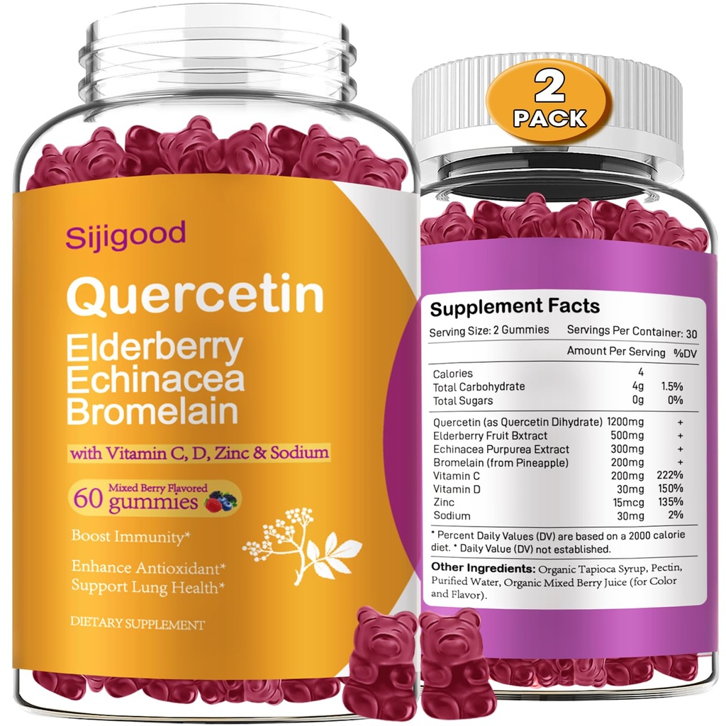 2 Packs Quercetina con Bromelain Gummies, Elderberry, Echinacea, Vitamina C D Zinc - Immune System Support 120 Condes Pure Quercetin Supplements Gummies for Kids &amp; Adults