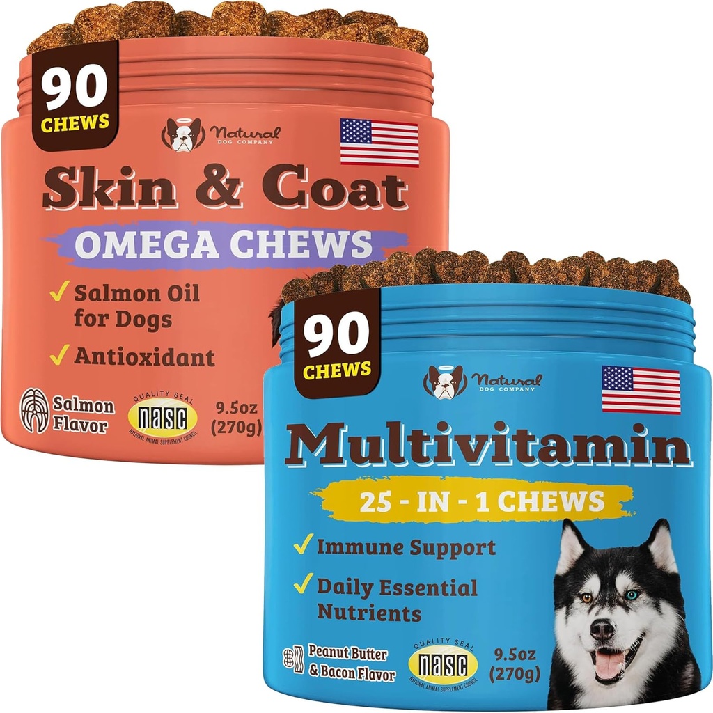 Natural Dog Company Multivitamin Supplement Chews + Skin & Coat Supplement Chews for Dogs - Comprehensive Nutritional Care for Healthy Skin, Shiny Coat, Joint Support, and Immune System Boost