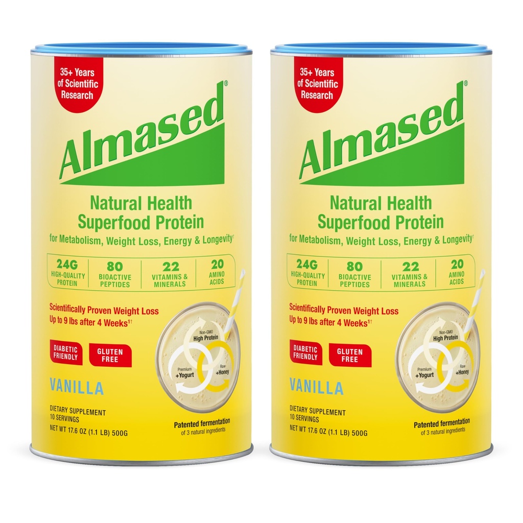 Almased Vanilla Meal Replacement Shake - Low-Glycemic High Plant Base Protein Powder- Nutritional Weight Health Support Supplement - Vanilla Flavor - 17.6 oz (1.1 Pound (2 Pack))