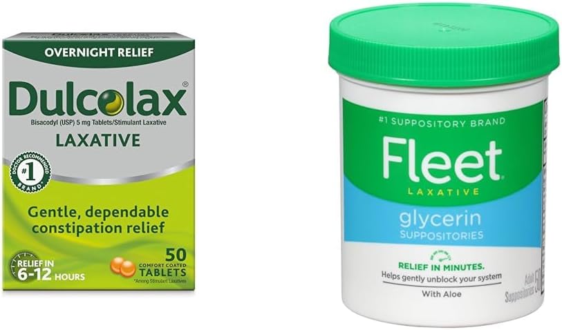 Dulcolax Alivio de la noche para el alivio del estreñimiento suave, Bisacodyl 5 mg Tablets, 50 Conde &amp; Fleet Laxative Glycerin Suppositories for Adult Constipation, Adult Laxative Jar Aloe Vera, 50 Ct