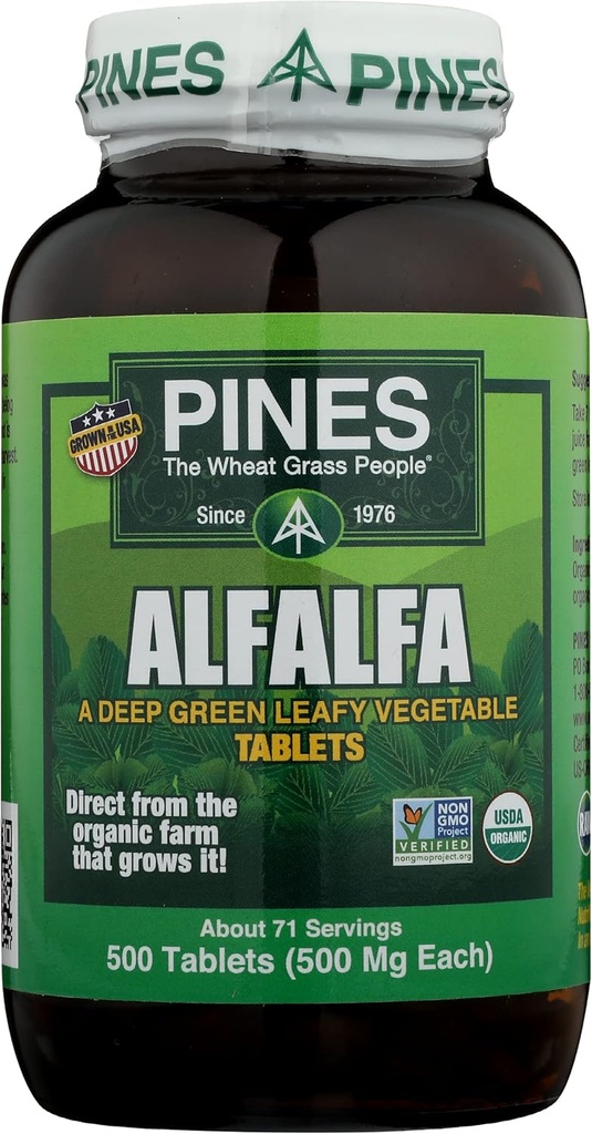 Pines Alfalfa Tablets, The Original Green Superfood, USDA Organic, Gluten Free & Non-GMO, 500mg Each, 500 Tablets