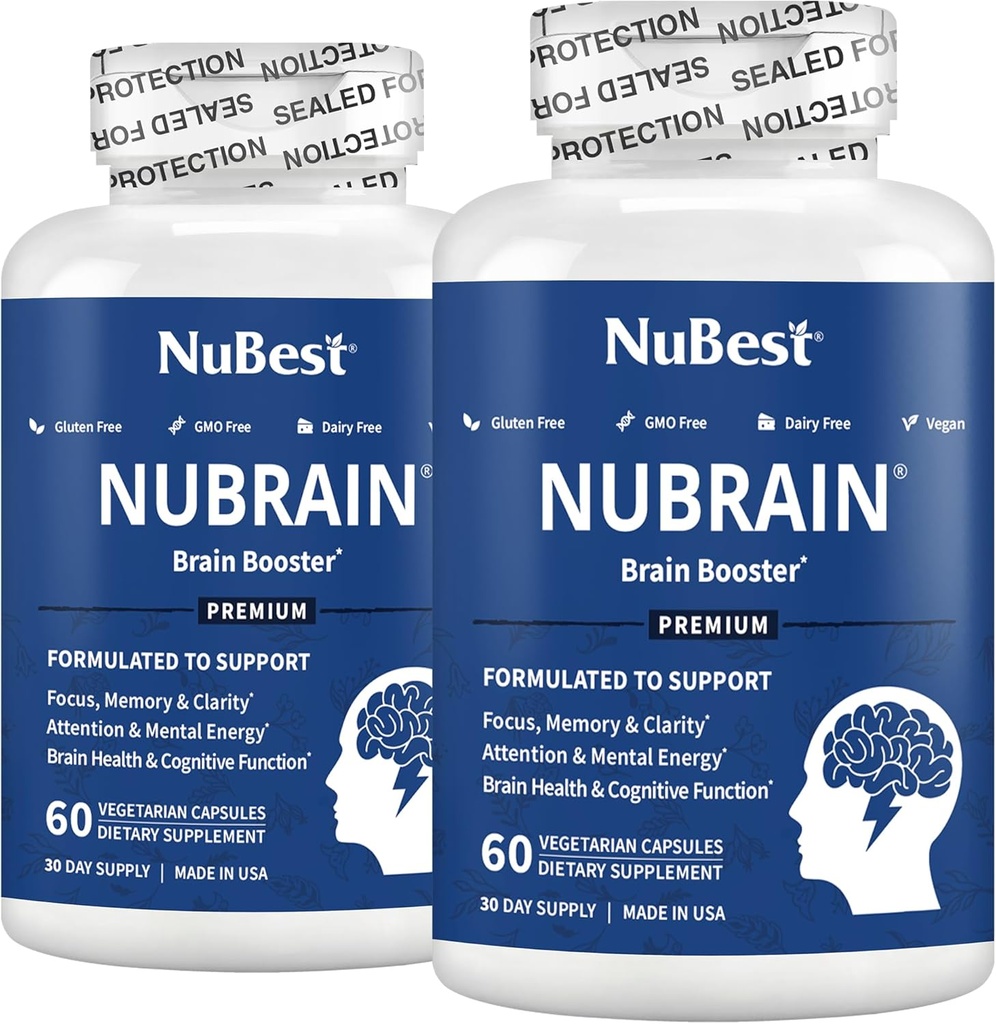 NuBrain Booster - Suplemento Cerebro para Booster de Cerebro, Memoria, Focus &amp; Clarity Support with St. John’s Wort, Ginkgo Biloba, Bacopa &amp; More ← Pack 2