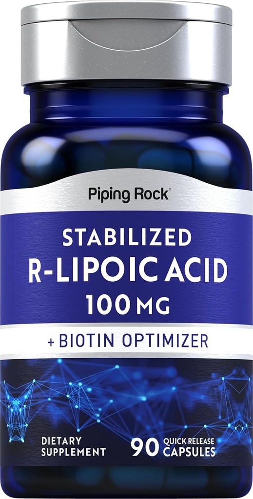 Piping Rock Stabilized R-Lipoic Acid 100mg ← 90 Capsules Silencio con Biotin Optimizer Silencioso No GMO, Gluten Suplemento Libre