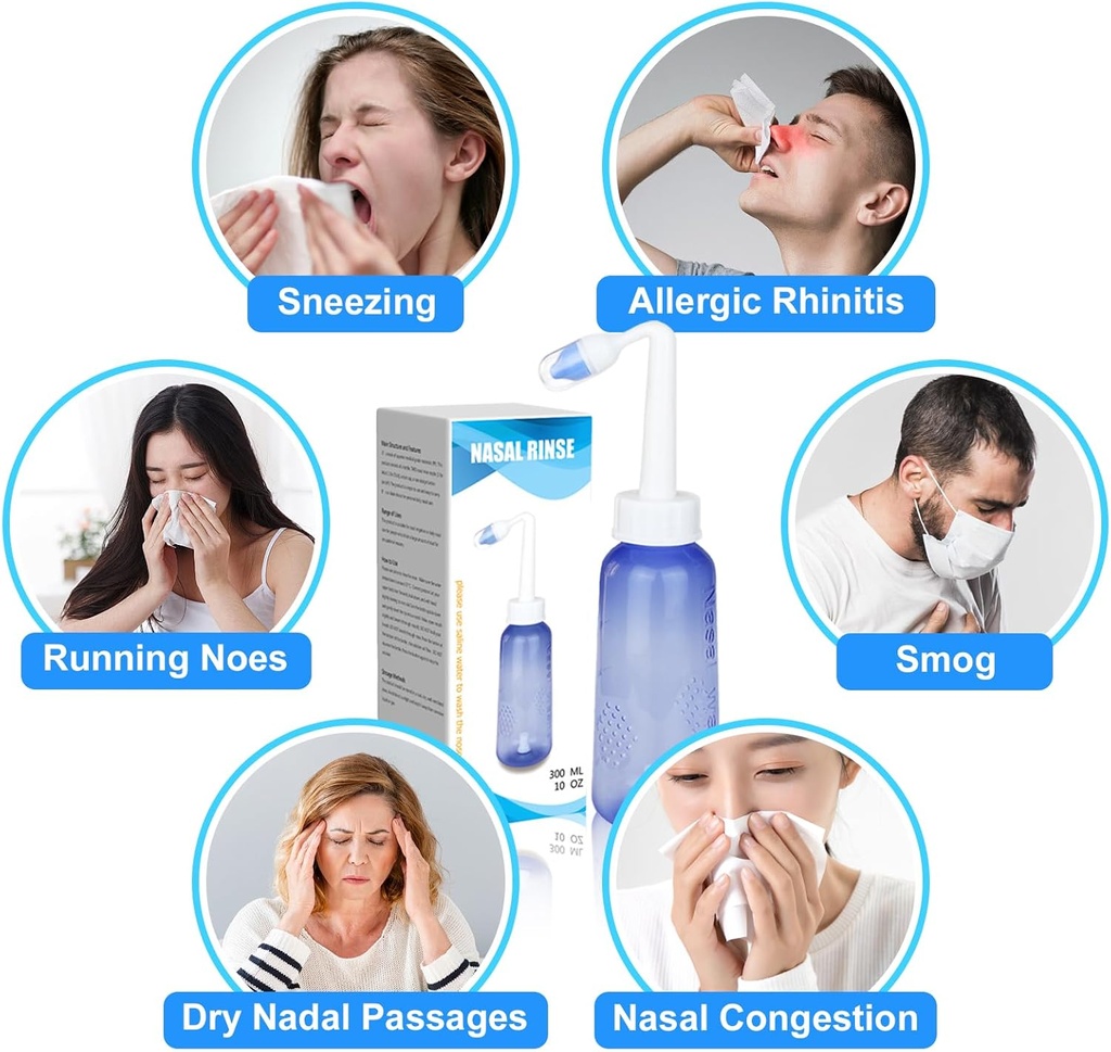 300 ML Nasal Rinse Neti Pot Sinus Rinse Bottle Gentle Nasal Wash Bottle Bottle Limpiador Confortable para Adulto &amp; Kid Effective Pressure Irrigatio with 20 Nasal Wash Salt Packets BPA Gratis