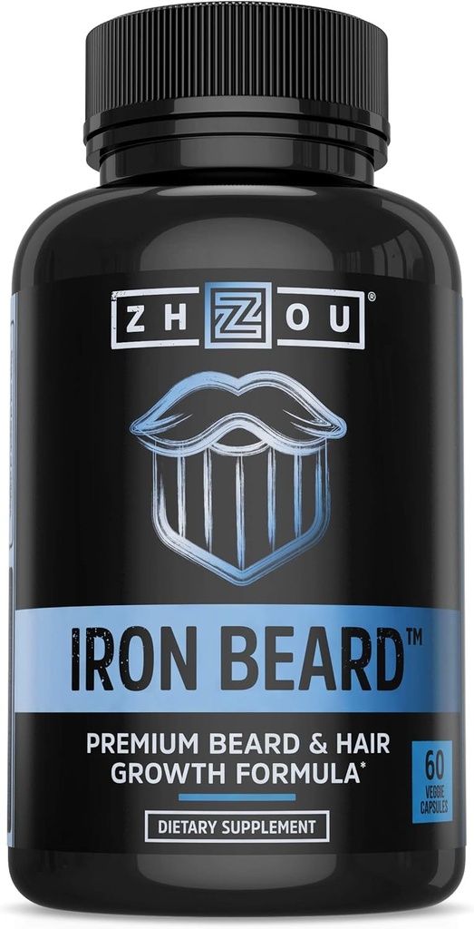 Zhou Iron Beard - Beard Growth Vitamins Men, Premium Biotin, Saw Palmetto & B Vitamin Pills to Support Facial Hair, Beard Care Supplement for Full Beard - 60 Veggie Capsules