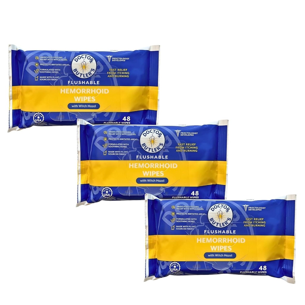 Wipes hemorroides fluidas del doctor Butler – Wipes fluidas con hazel de brujas para calmar y traer alivio de molestias asociados con hemorroides (3 Pack - 48 Cuenta)