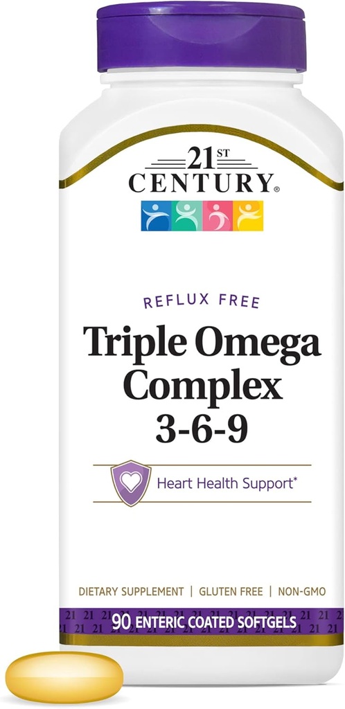 21st Century Vitamins Enteric Coated Triple Omega Complejo 3-6-9, Reflux Gratis 90 Softgels, MTC22874X5
