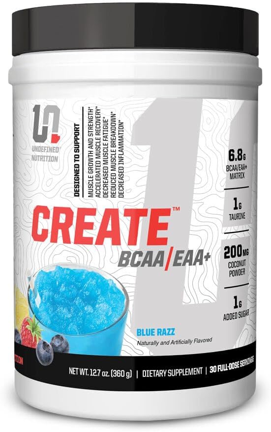 Nutrición indefinida Crear BCAA/EAA+ por Brian Shaw -Recuperación muscular & resistencia, 6.8g BCAA/EAA Matrix -Full Spectrum BCAA + Aminoácidos esenciales Suplemento – 30 Servimientos (127 oz, Blue Razz)