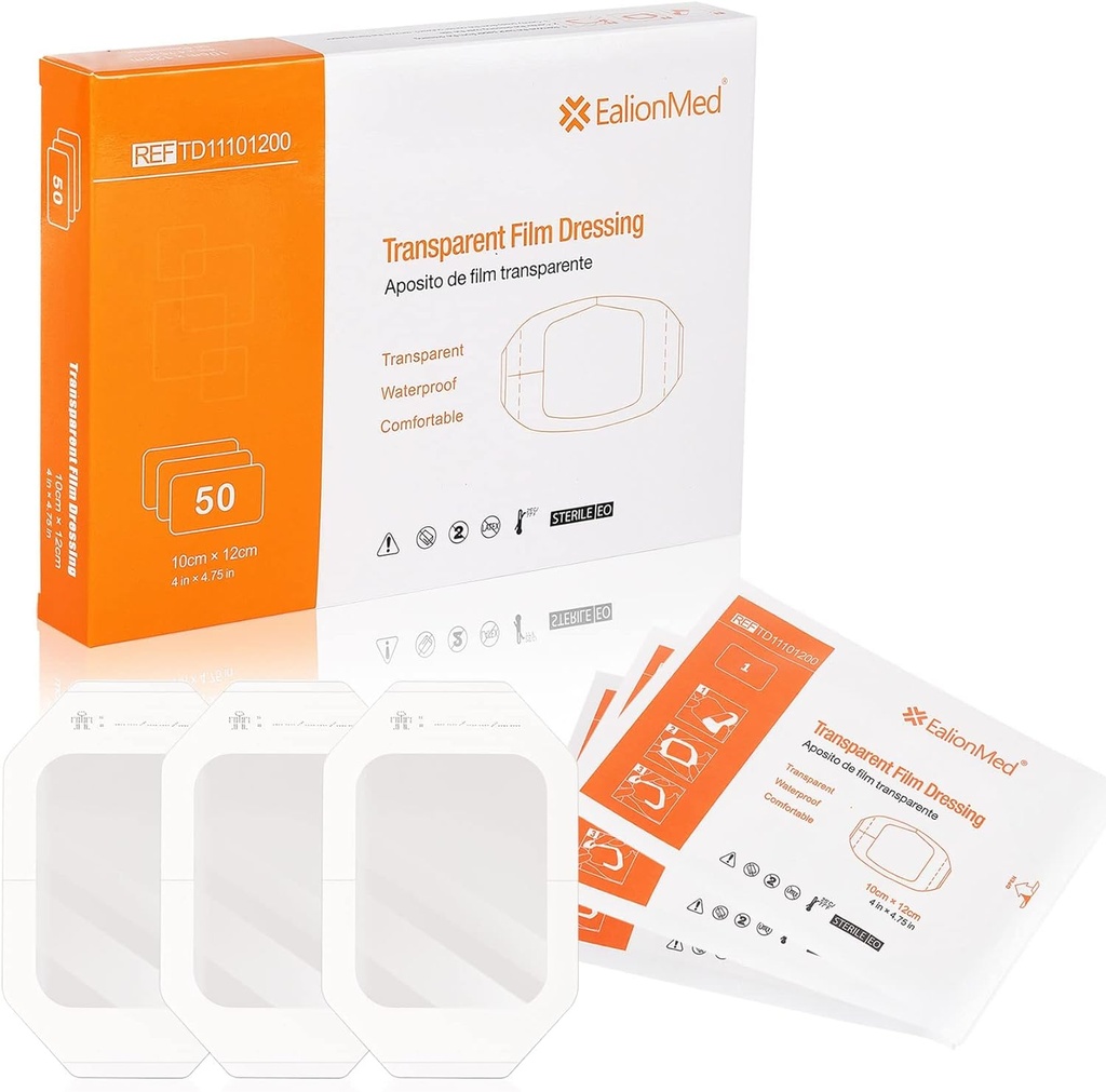 Vestir transparente de EalionMed, Bandage de la herida, Patch adhesivo, 4'' x 4,75'', 50 Pack, Clear, Respiraable, Confortable, Escudo de la ducha, Bandage del tatuaje