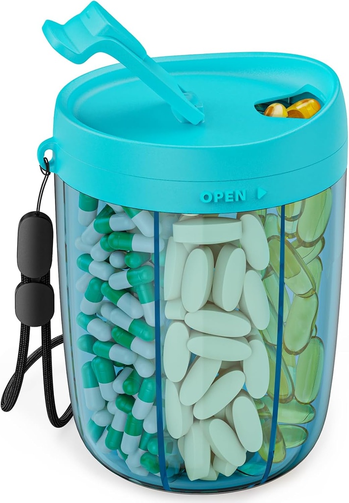 Organizador de botellas grandes PULIV, organizador de suplementos para mantener 6 diversas vitaminas, caja de píldoras con diseño anti-mixing &amp; ancha apertura, fácil de recuperar medicamentos y 20 piezas etiquetas pegatinas, azul