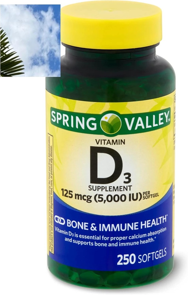 Spring Valley Vitamina D3 Softgels, 125 mcg por Softgel, 5,000 UI, 250 Conde