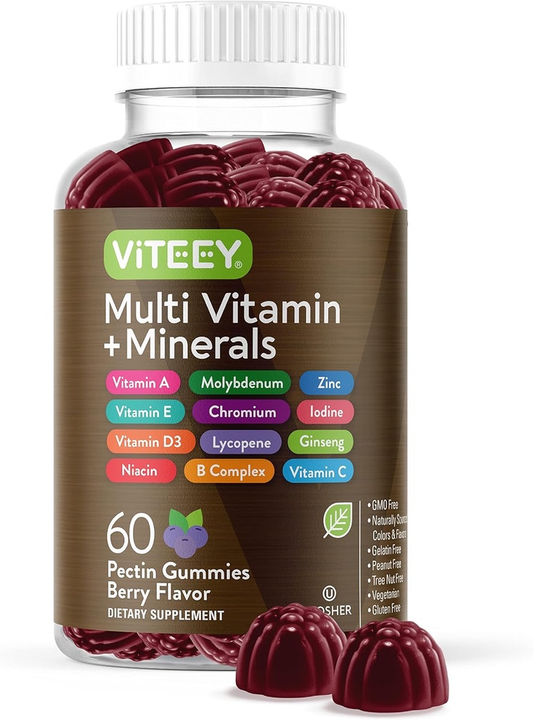 Multivitamina Gummies Vitaminas para Adultos &amp; Adolescentes - Immune Support Gummies - 12 Daily Vitamins & Minerals with Vitamin C, D3, E, A, Zinc &amp; More - Vegetarian, Gluten Free - Chewable Berry Flavored Gummy
