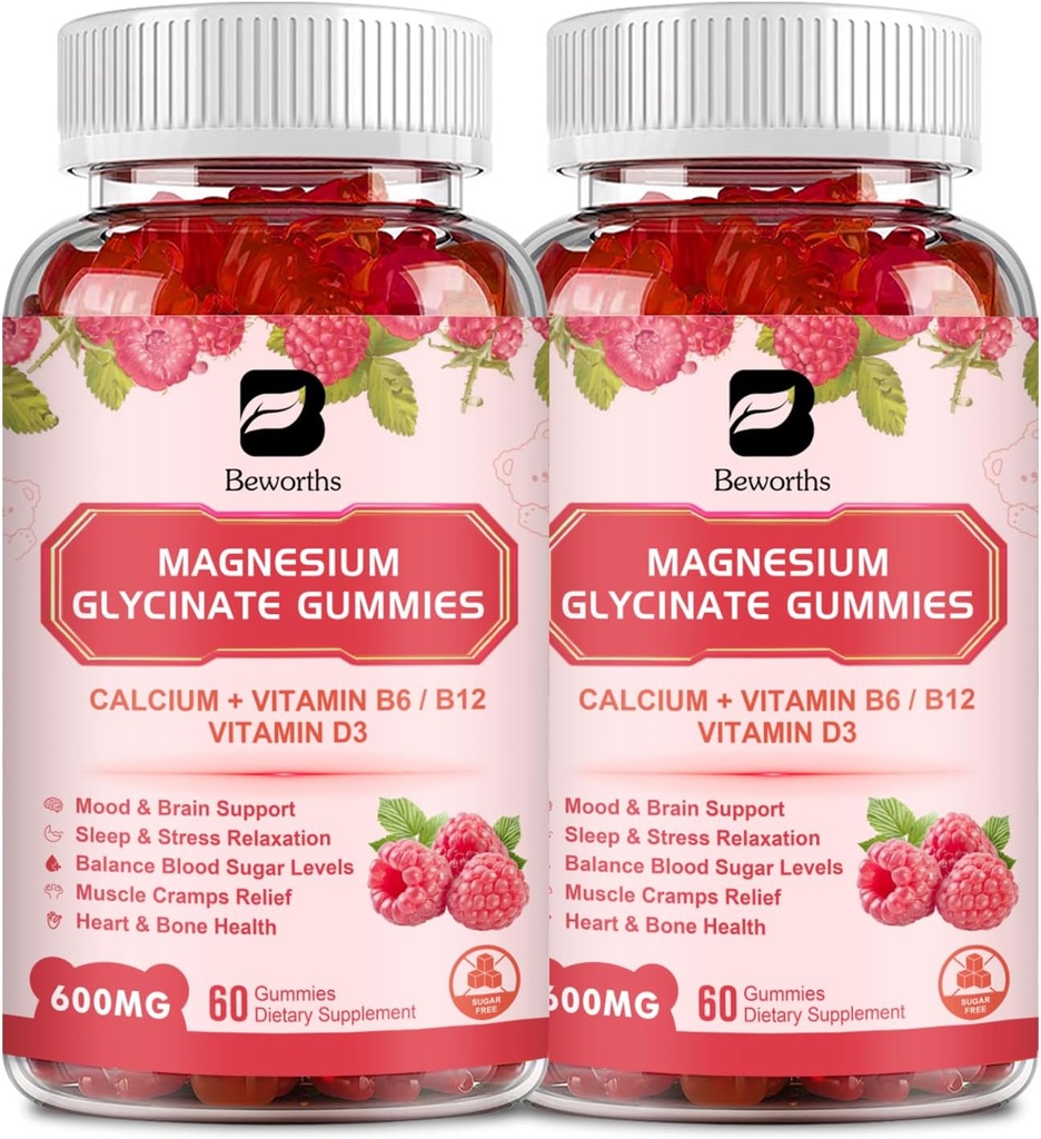 (2 Pack) 600 Mg Magnesium Glycinate Gummies, Magnesium Supplement Complex Magnesium Malate, Magnesium Citrate " Potassium, Supports Night " Joint, Energy Boost, Vegan " 0-Sugar, Raspberry 120 Count