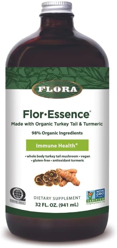 Flora Health Flor-Essence with Turkey Tail & Turmeric, Rich in Polysaccharides, 35+ Fenolic Compounds with Antioxidants and Immunity Support, 32-fl. oz. Botella de vidrio