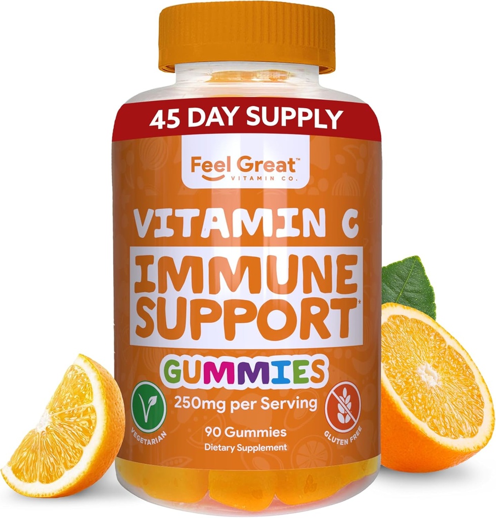 Vitamin C Gummies for Adults & Kids by Feel Great Vitamin Co. | 90 Orange Flavored Gummies | Immunity Support, Plant-Based Fruit Pectin