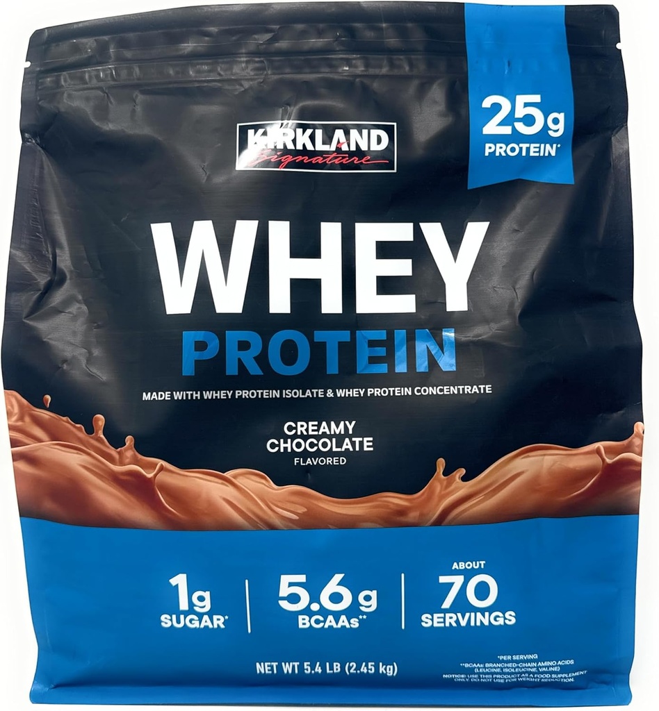 Kirkland Signature Whey 25g Protein,1g de azúcar,5.6g BCAAs, cerca de 70 Servings Creamy Chocolate Flavorted