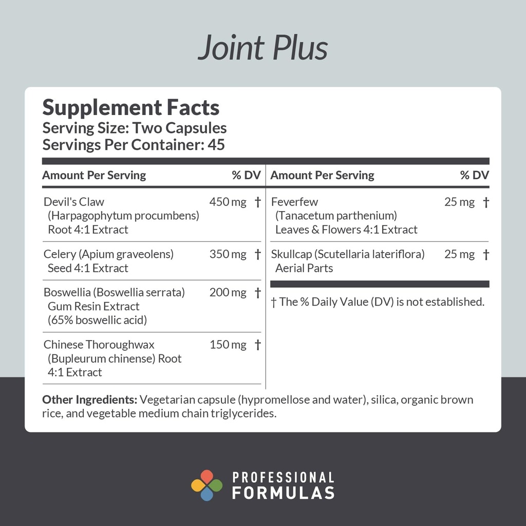 Fórmulas profesionales Joint Plus – Apoyo a la función conjunta saludable, músculos y movilidad con la garra del diablo, Boswellia, Feverfew " Skullcap - Vegetariano, libre de gluten, hipoalergénico, 90 cápsulas