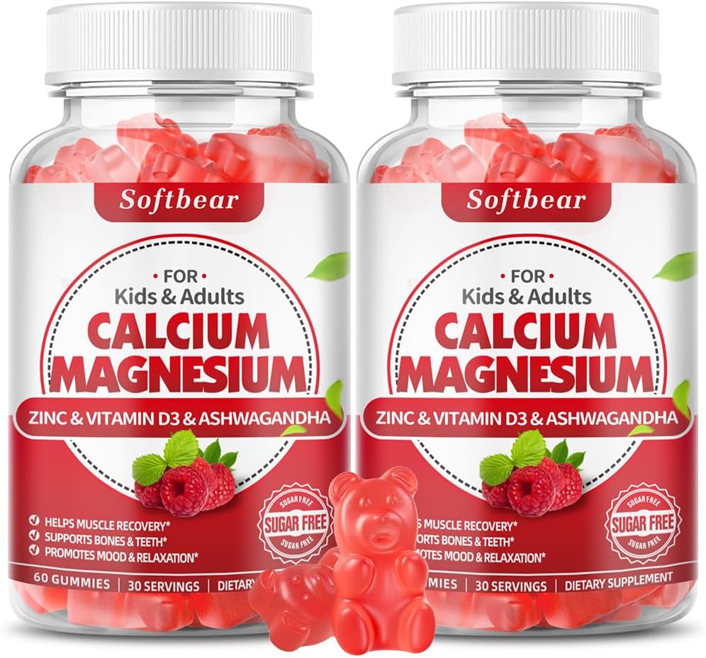 softbear Calcio Magnesio Zinc Gummies para Adultos &amp; Niños, Suagr-Free Calcium Magnesium Zinc D3 Suplemento para Bone Strength & Immune Health, Raspberry Flavor 120 Conde