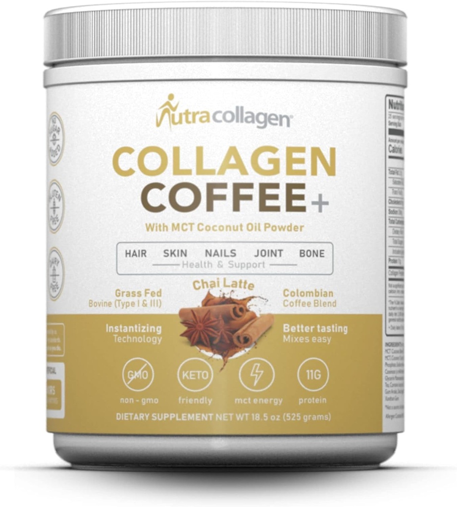 NUTRACOLLAGEN Polvo de proteína combinado con café Columbiano Premium; grano, no GMO, 12g Peptides, aceite de coco MCT Polvo, soy libre, sin gluten, sin azúcar, 40 mg de panceta / salmuera; Chai Latte 25 Srvg