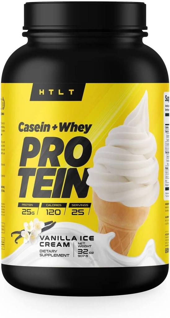 Casein + Whey Protein by HTLT ← Whey & Casein Protein Shake Powder ¦ Slow-Release Whey & Casein Protein for Sustained Energy ← Casein Protein Powder for Baked Treats, Vanilla Ice Cream