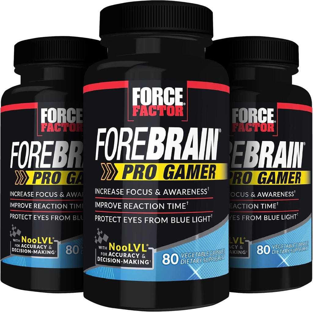 FORCE FACTOR Forebrain Pro Gamer Brain Booster, Gamer Supps to increase Focus ' Awareness, Blue Light, Gaming Supplement, Nootropic, 240 Capsules, 3-Pack, Black