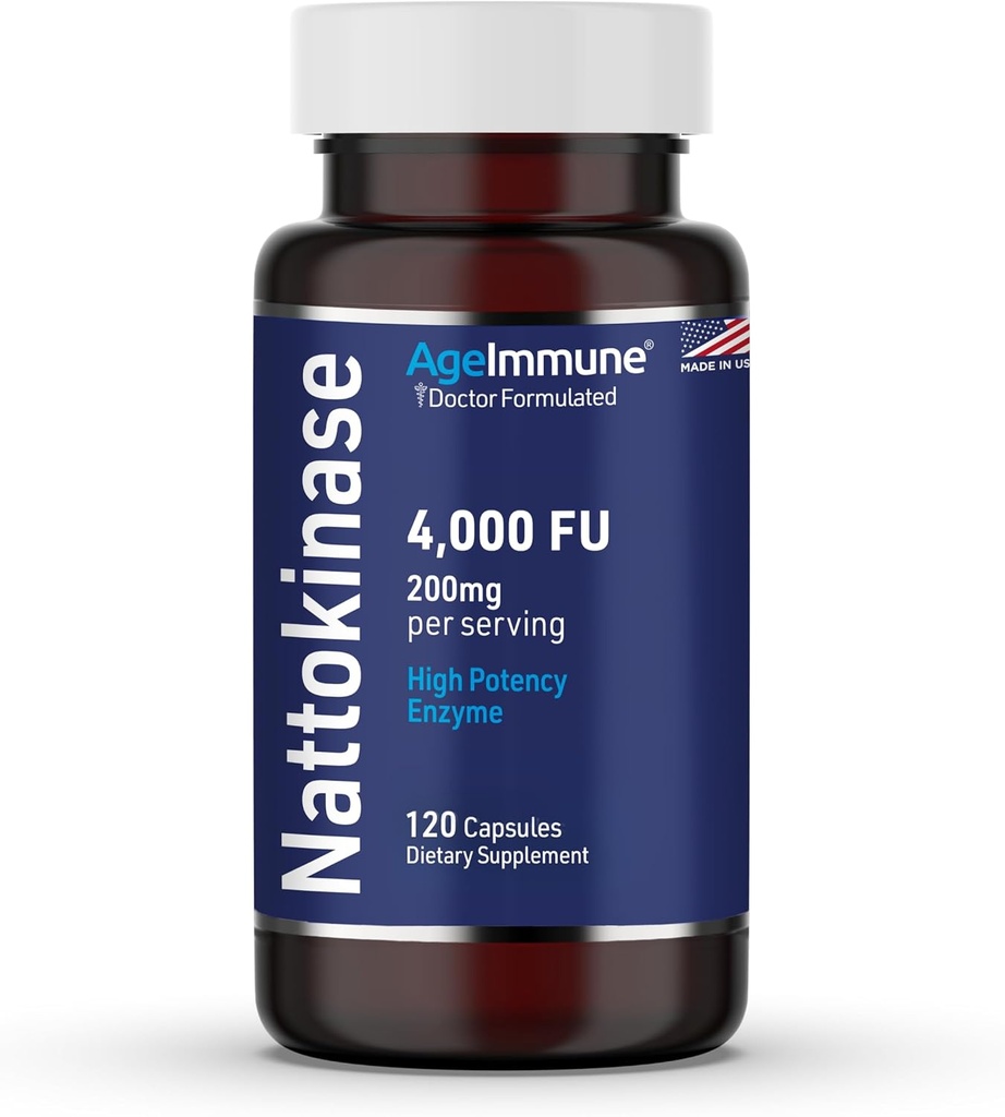 AgeImmune Nattokinase Suplemento 4000 FU 200mg - Enzyme - Cardiovascular Support 120 Capsules -Derivado de japonés Natto - Hecho en los Estados Unidos sin esteato de magnesio.