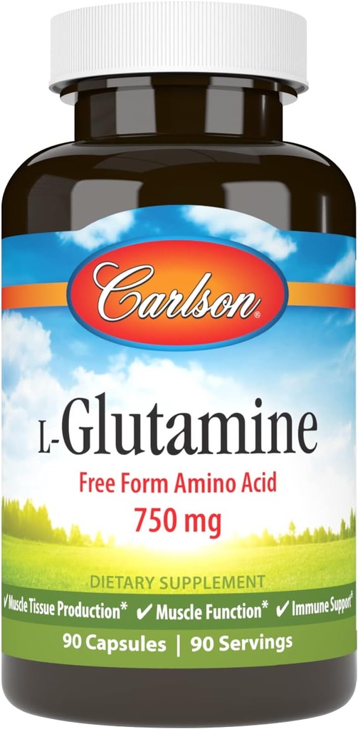 Carlson - L-Glutamina, Free-Form Amino Acid, 750 mg, Muscle Tissue Production, 90 cápsulas