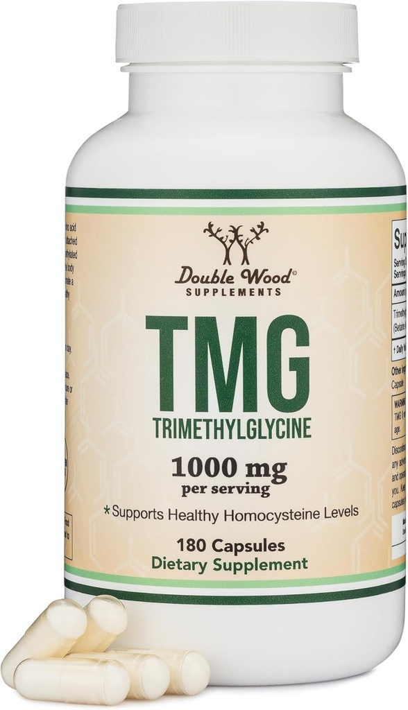 Suplementos de madera doble TMG Trimetilglycine Suplemento 1000mg Por Serving, 180 Capsules (TMG Suplementos para el Control de Homocysteine) Genuine TMG with Fishy Smell, Gluten Free, Non-GMO