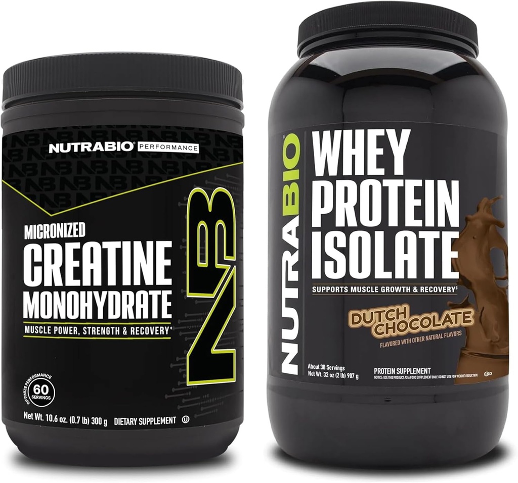 NutraBio Monohidrato de Creatina, Desflavorado, 300g y Whey Protein Isolate, Chocolate holandés, Suplemento Bundle - Muscle Energy, Lean Muscle Growth, Recovery, and Strength