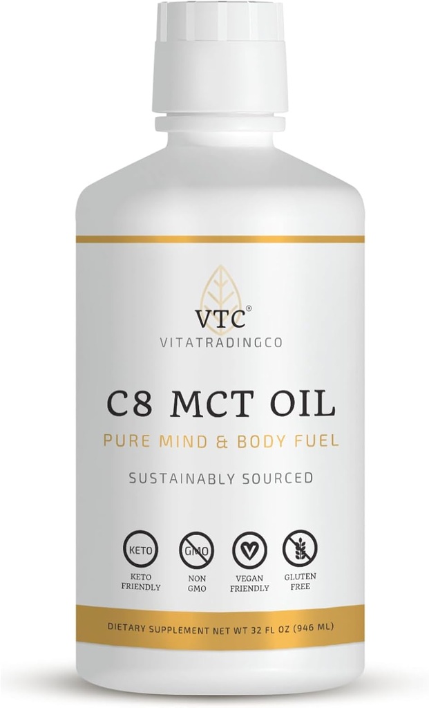 VTC VitaTradingCo. 100% Puro C8 MCT Oil ← 3X Distilled Caprylic Acid ← La grasa saludable para la energía limpia ← Sosteniblemente Fuented ← Non-GMO, Paleo, Keto tención 32oz, 64 Servings (Unflavored)