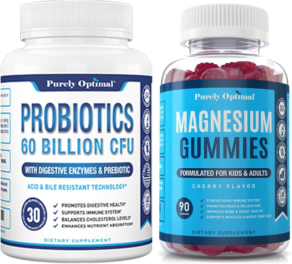 Probióticos Premium Puramente Optimal 60 Billones CFU con Prebióticos Orgánicos & Enzimas Digestivos + Premium Magnesium Gummies Kids & Adults