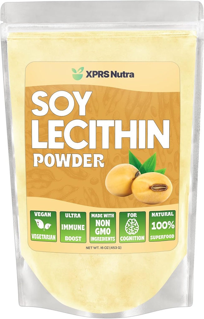 XPRS Nutra Soy Lecithin Powder Food Grade Fat Emulsifier - Apto para cocinar, hornear y más - Vegan Friendly Soy Lecithin Powder Cooking Aid (16 onzas)