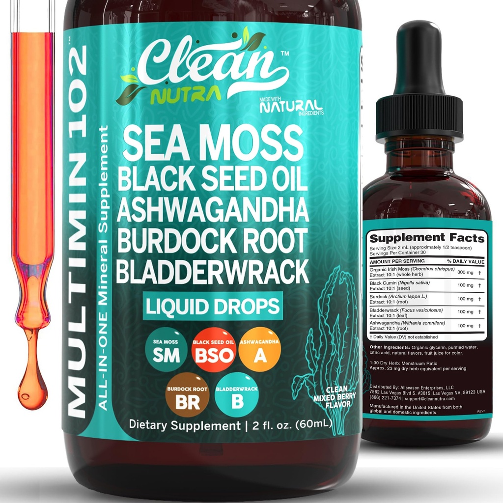 Clean Nutra Organic Sea Moss Drops Suplemento ← Black Seed Oil Irish Seamoss Ashwagandha Burdock Root " Bladderwrack - Multimineral Liquid Vegan for Gut Heath Energy Skin Immune Support " Hair