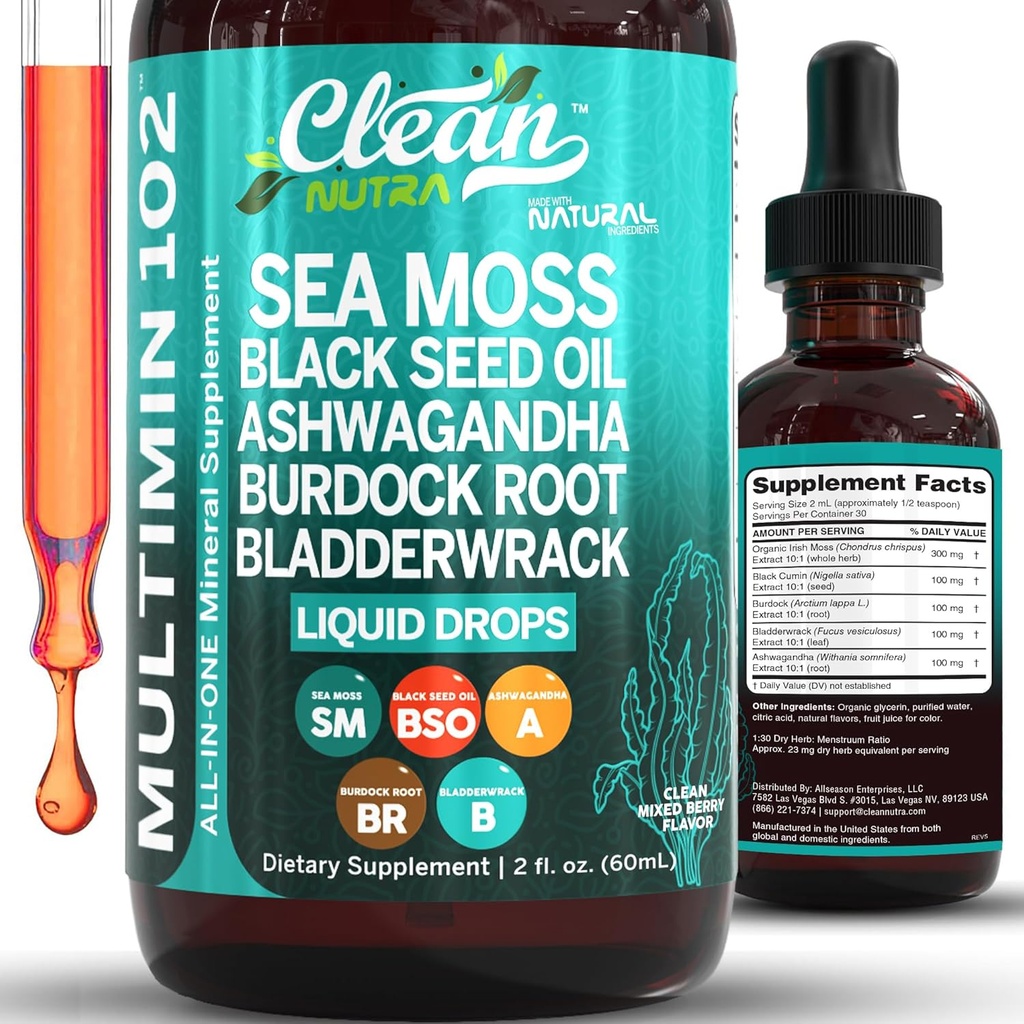 Clean Nutra Organic Sea Moss Drops Suplemento ← Black Seed Oil Irish Seamoss Ashwagandha Burdock Root " Bladderwrack - Multimineral Liquid Vegan for Gut Heath Energy Skin Immune Support " Hair