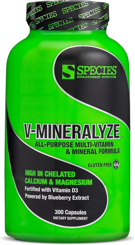 Especies Nutrición V-Mineralyze All-Purpose Multivitamin, Vitamina C y D3, Minerales Chelated, Extracto de Blueberry con Propiedades Anti-Oxidantes, 300 cápsulas