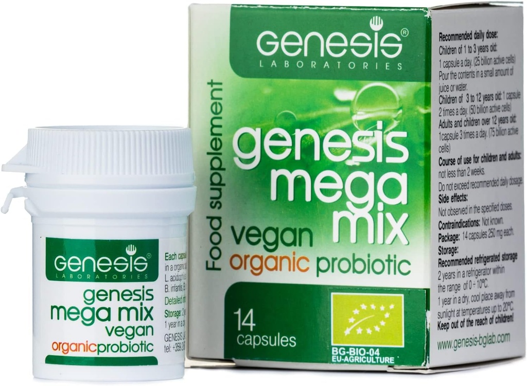MegaMix BIO Probiótico para Gut Health ← Estante estable Probióticos para Mujeres y Hombres con Lactobacillus " Bifidobacterium for Digestive, Immune " Gastrointestinal Support - Vegan, 14 cápsulas