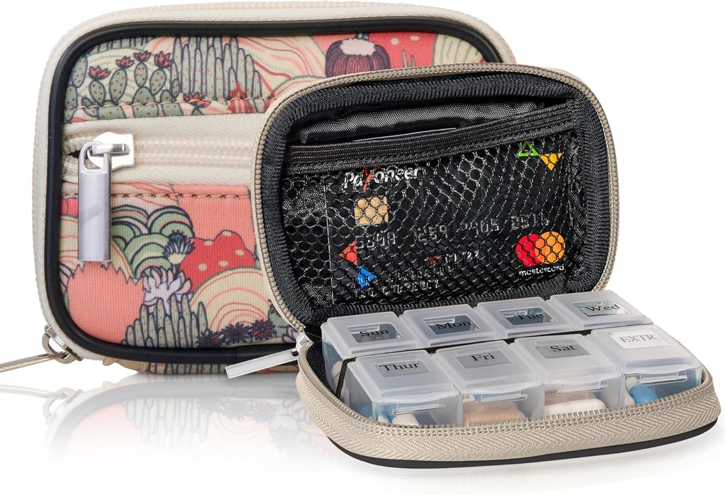 Hecho Easy Kit Pill Case - Organizador semanal de medicina con extraíble Seven-Day Vitamin & Supplement Box - Premium Neoprene for Travel Purse Accessory (Desert Khaki)