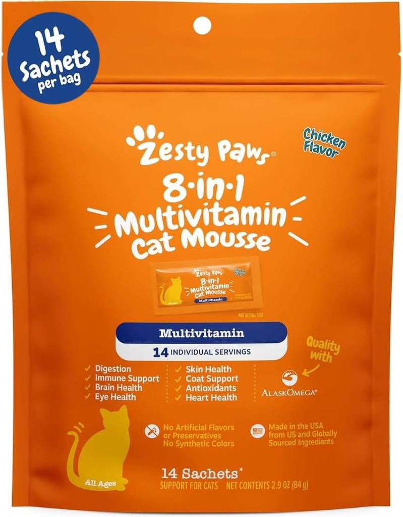 Zesty Paws 8-in-1 Multivitamina Cat Vitaminas &amp; Suplementos Mousse - Cat Vitaminas para Indoor Cats - Saludable Treat Squeeze Up for Gut, Immune, Heart, Skin & Coat Support - Chicken 14ct