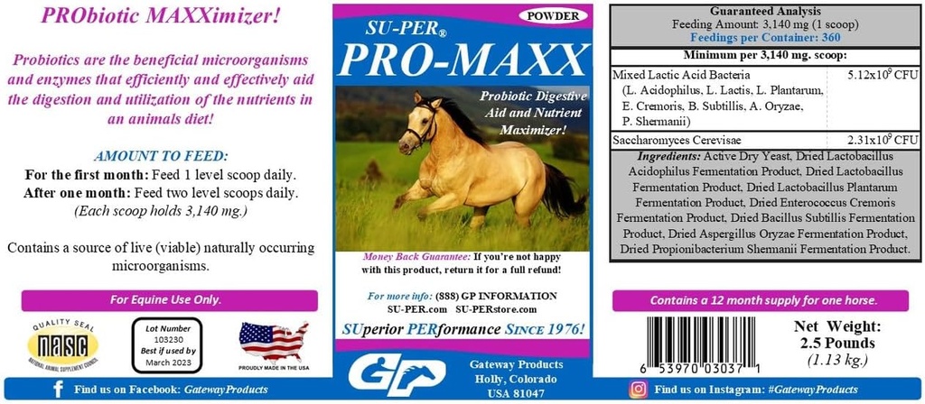 SU-PER Probióticos Pro-Maxx para Caballos - Ayuda Digestiva Equina y Maximizador Nutriente - Mantiene Salud Gut Proper y Equilibrio Microbial - 2.5 libras, (2 Pack)