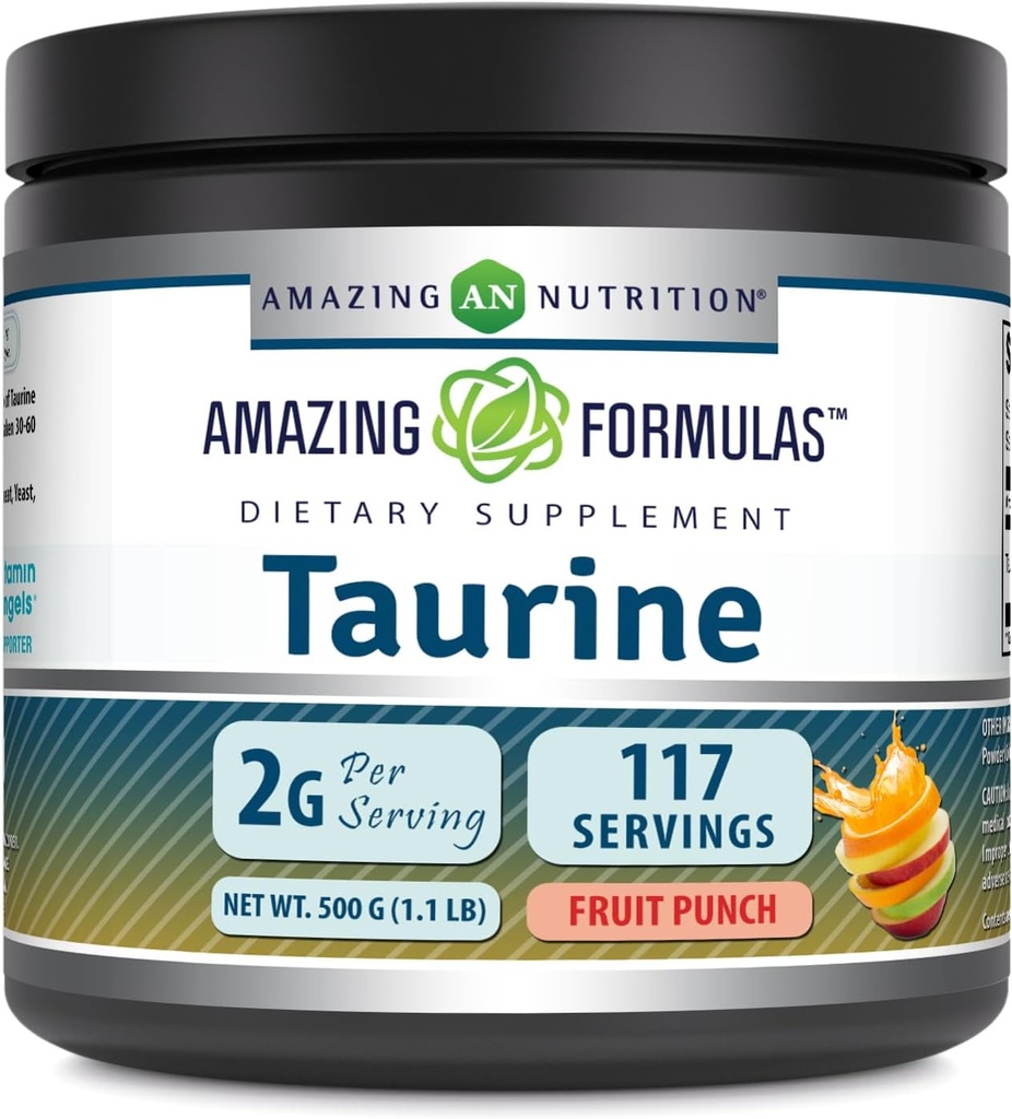 Amazing Formulas Taurine 500 Grams (1.1 Lb) Powder Supplement TEN 2000 mg Por Serving Silencio 111 Servings ← Non-GMO TEN Gluten Free TEN Made in USA (Fruit Punch)