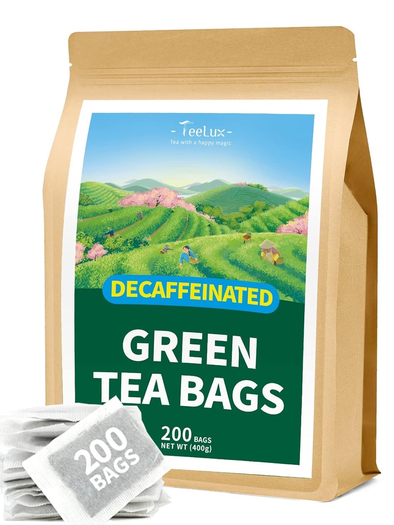TeeLux Decaf Green Tea Bags, puro té verde decaffeinado, Super Antioxidante, caliente té helado, 200 cuenta
