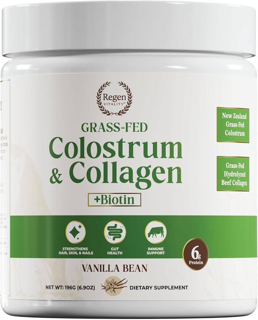 Grass-Fed Colostrum " Collagen Powder ← Gut Health, Hair, Skin " Joint Support Silencio New Zealand Bovine Colostrum, Hydrolyzed Collagen Peptides, 300mcg Biotin ← Vanilla Bean ← 28 Servings