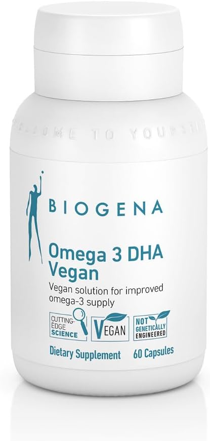 Biogena Omega 3 DHA Vegan: Suplemento con base vegetal de aceite de algas para una fuente mejorada de Omega-3 (60 cápsulas – uno al día)