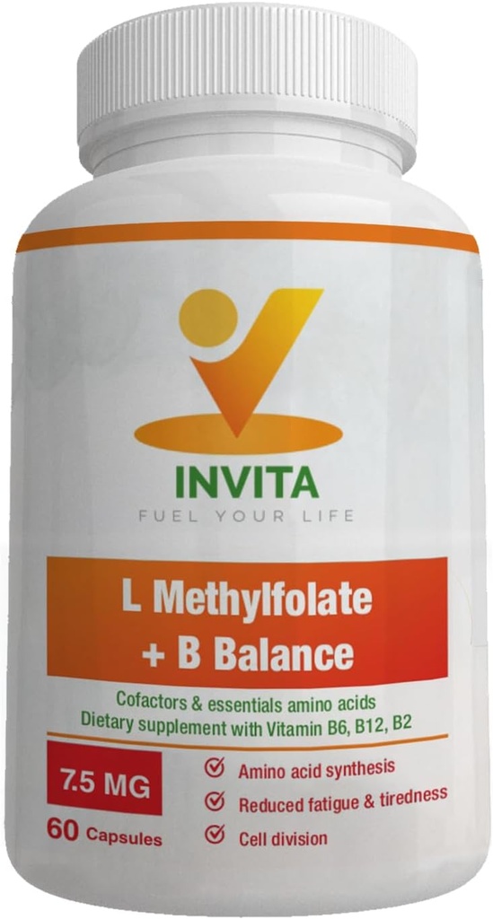 INVITA L-Methylfolate + B Balance - 5-MTHF, B6, B2 & B12 Methylcobalamin B Complex - 60 Capsules - Professional Strength Active Methyl Folate - Non GMO, Gluten Free, No Fillers (7.5 mg)